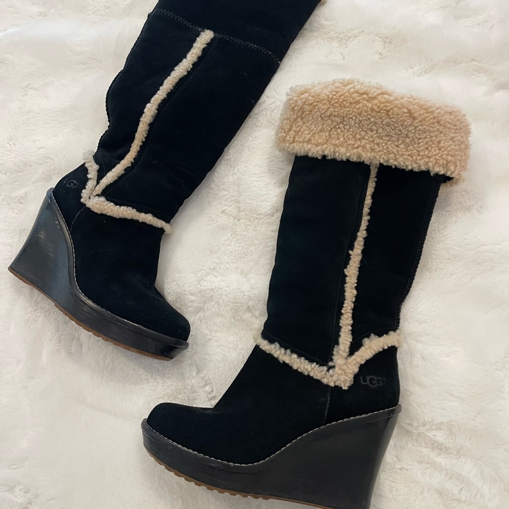 UGG Aubrie Black Sheepskin Knee High Wedge Boot